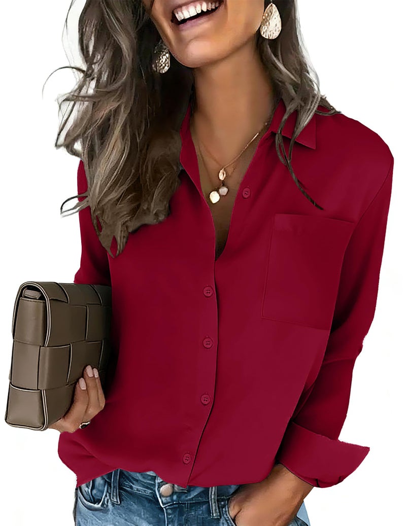 HOTOUCH Blouse for Women Dressy Casual Collar Button Down Shirts Long Sleeve Tops Red Date Night Outfit Business Wear M - Image 1