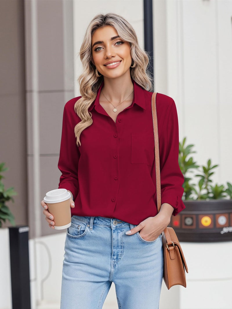 HOTOUCH Blouse for Women Dressy Casual Collar Button Down Shirts Long Sleeve Tops Red Date Night Outfit Business Wear M - Image 3