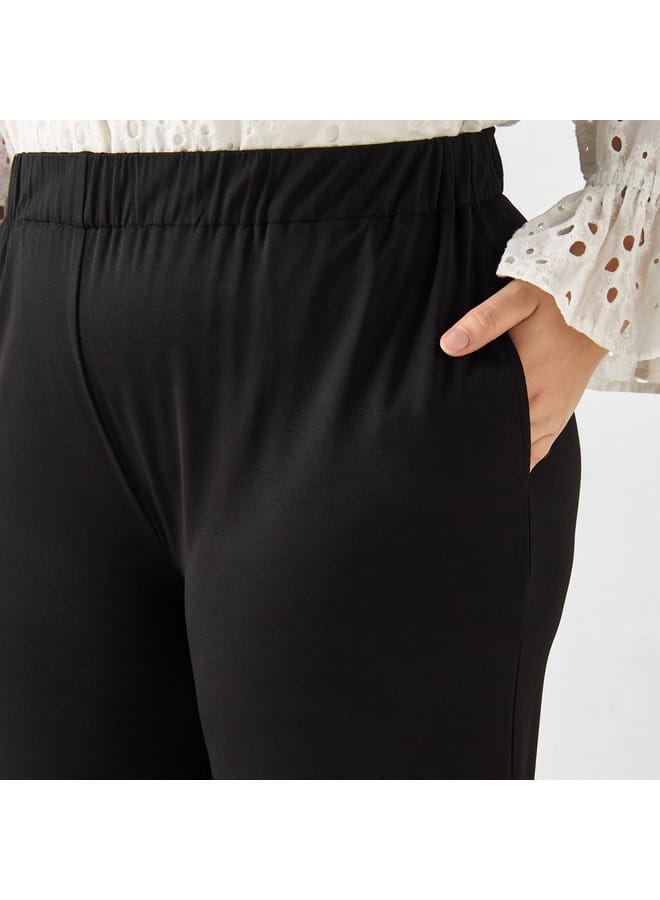 Ulla Popken Plus Size Ulla Popken Solid Culottes with Elasticated Waistband and Pockets  - Image 4