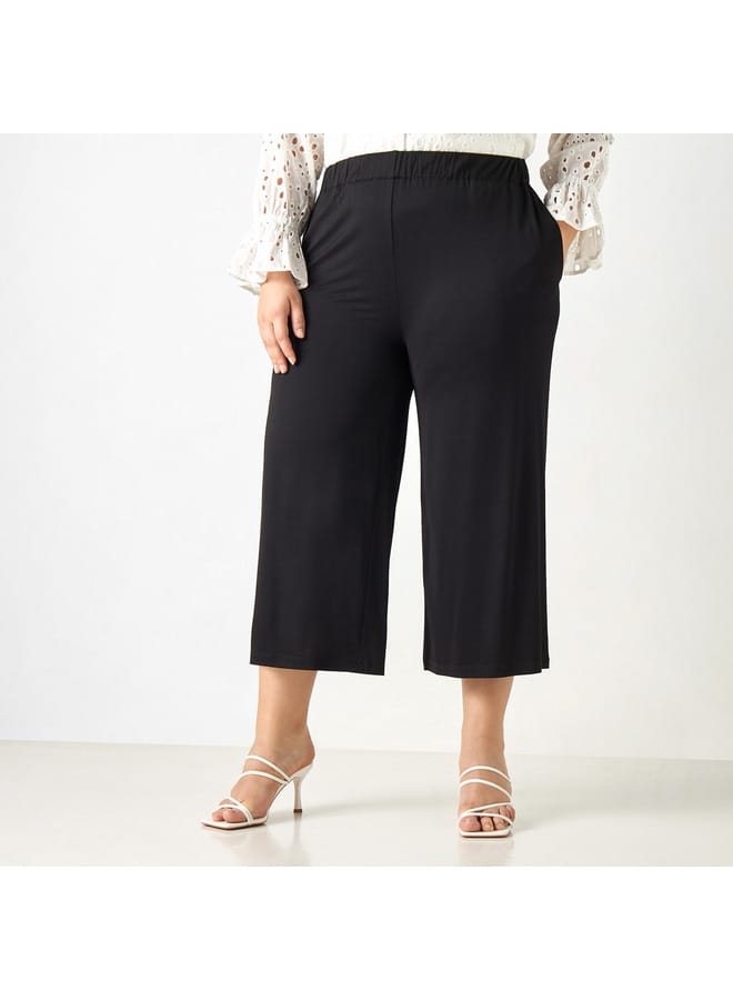 Ulla Popken Plus Size Ulla Popken Solid Culottes with Elasticated Waistband and Pockets  - Image 1