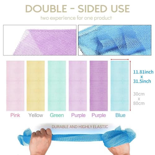 UJFQBH 6 Pieces African Bath Sponge African Net Long Net Bath Sponge Exfoliating Shower Body Scrubber Back Scrubber Skin Smoother,Great for Daily Use (Purple, Purple, Pink, Orange, Blue, Green) - Image 3