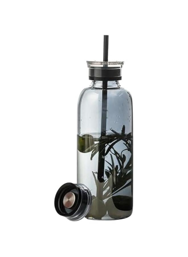 Glass water bottle With Time Marker -24oz with 2 caps and straw,Reusable Glass Drinking Bottles，Suitable For Drinks, Juices, Sodas, Coke, As Gifts Etc (Smoky 24oz) - Image 1