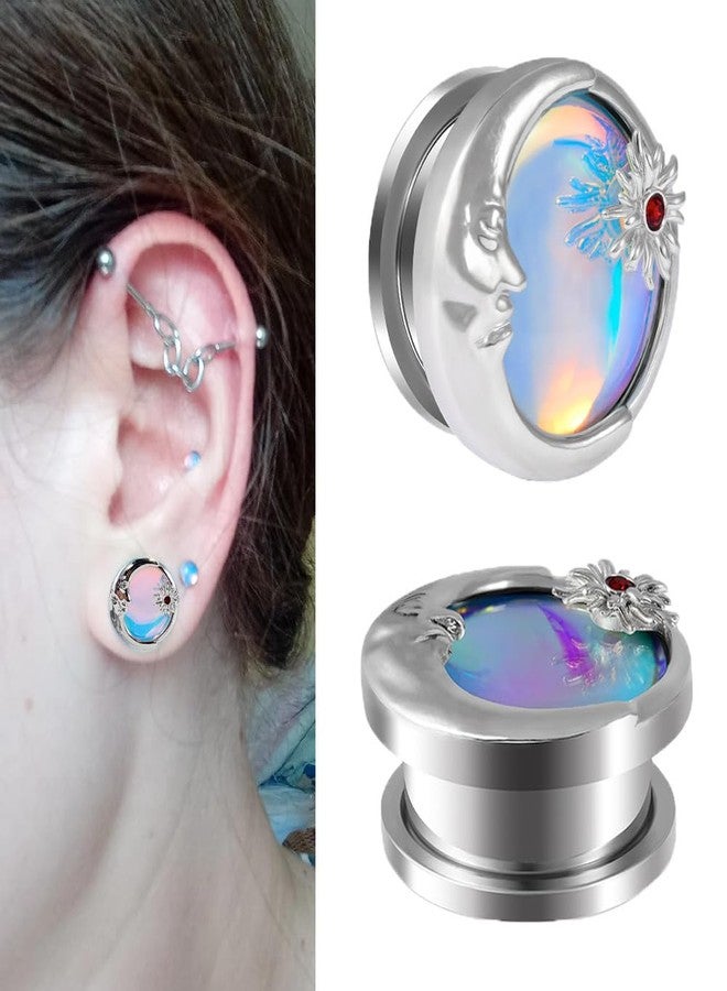 Izpack Punk Moon Sun Ear Tunnels Plugs Expander Gauges Stretcher Screw Earrings - Stainless Steel Abstract Face Crescent Reflective Sheeting Double Flared Tunnel Body Piercing Fashion Jewelry for Women Men (1/2"(12mm)) - Image 3
