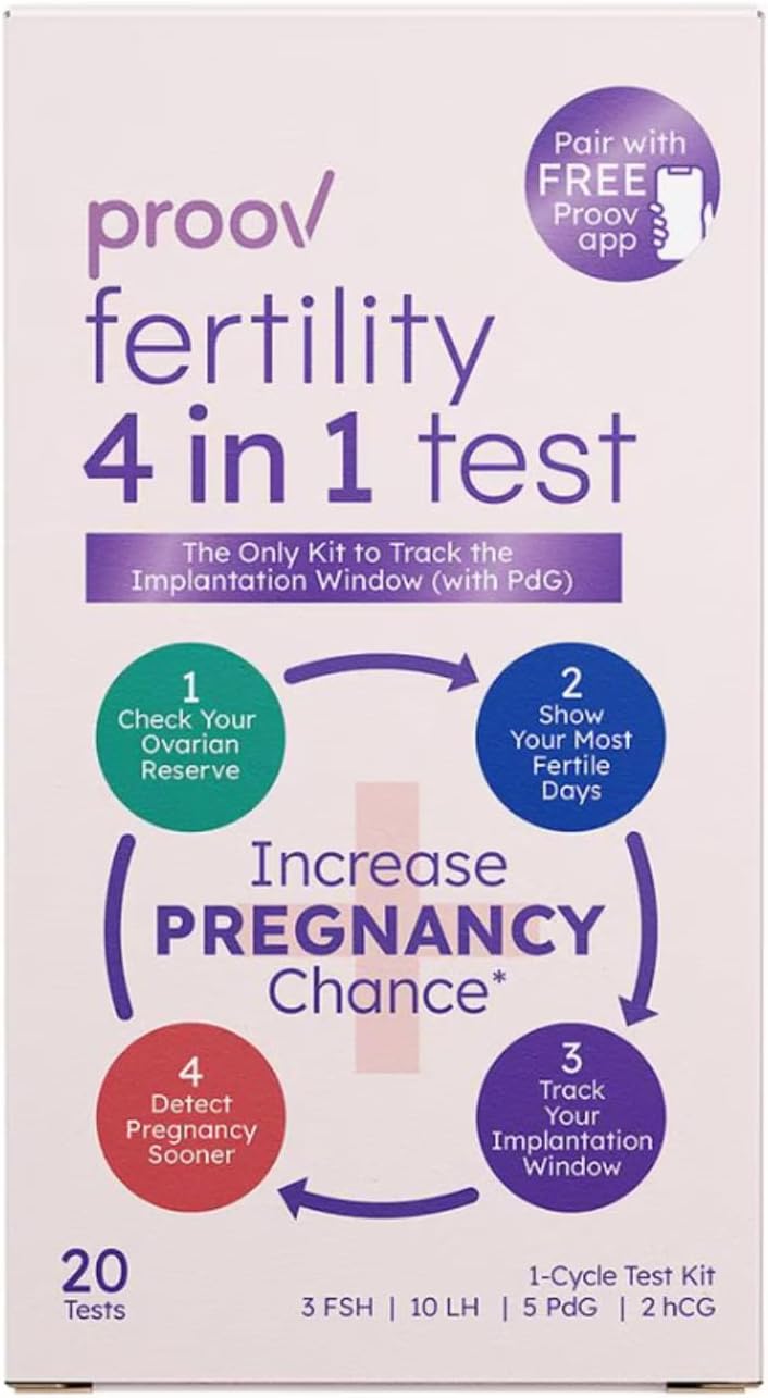 Proov  4in1 Fertility Test for Women  Ovulation  Pregnancy Test Strips  Monitors FSH LH PdG  hCG  Promote Chance of Pregnancy  Fertility Hormone Tracking  1 Cycle Test Kit  20 Tests - Image 1
