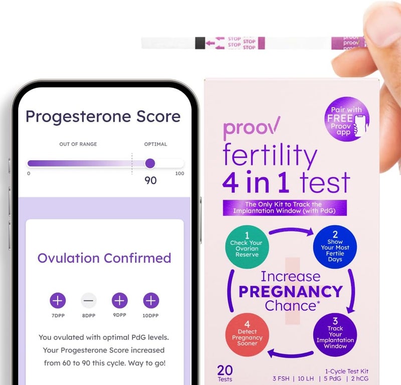 Proov  4in1 Fertility Test for Women  Ovulation  Pregnancy Test Strips  Monitors FSH LH PdG  hCG  Promote Chance of Pregnancy  Fertility Hormone Tracking  1 Cycle Test Kit  20 Tests - Image 2
