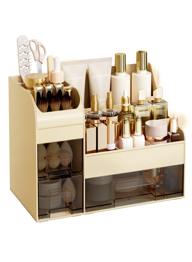 Mriluvy Makeup Organizer with Drawers,Large Cosmetic Storage Box,Countertop Skincare Organizer,ABS Makeup Brush Holder for Bathroom,Desk,Dresser,Multifunctional Beauty Display Case,Cream transparent - Image 1
