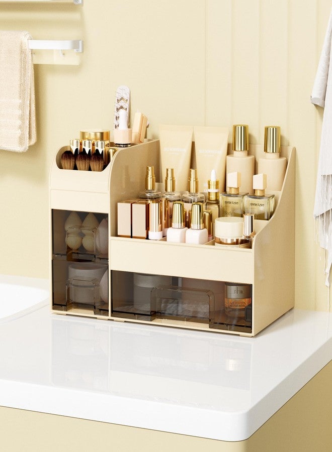 Mriluvy Makeup Organizer with Drawers,Large Cosmetic Storage Box,Countertop Skincare Organizer,ABS Makeup Brush Holder for Bathroom,Desk,Dresser,Multifunctional Beauty Display Case,Cream transparent - Image 2