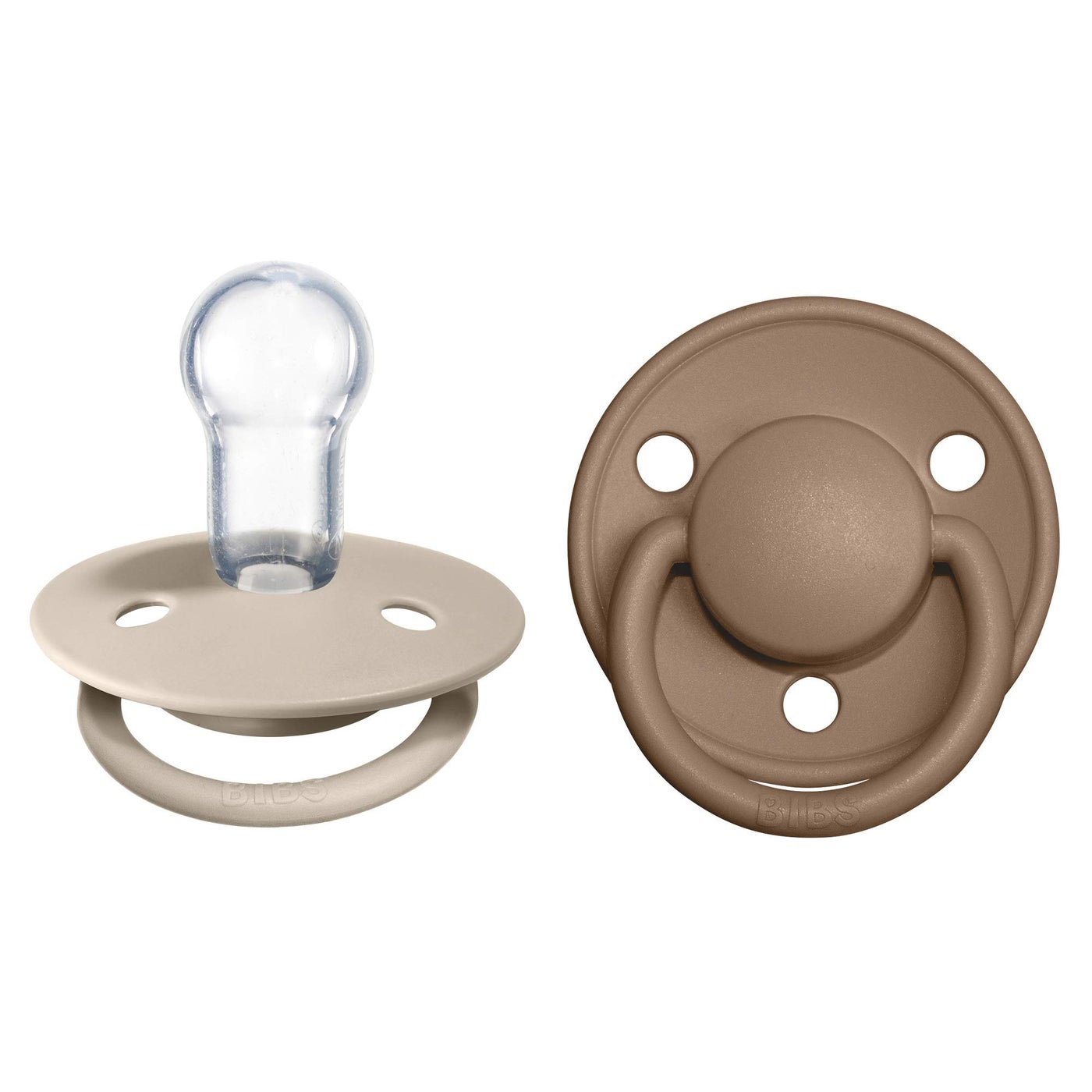 NUK BIBS De Lux Soother 2-Pack, BPA Free Dummy Pacifier, Round Nipple. Silicone, OneSize (0-36 Months), Vanilla/Dark Oak