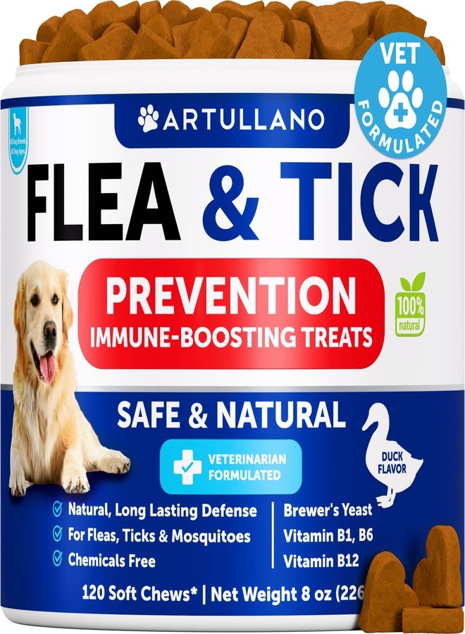 Artullano Flea and Tick Prevention for Dogs Chewables - Natural Flea Treatment Control - Supplement for Large & Small Dogs with Vitamins - Immune Support Chews - Puppy Pest Defense Oral Pills - 120 Soft Treats - Image 1