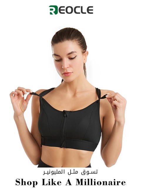 Women's Sports Bra Criss-Cross Back Padded Strappy Sports Bras Shockproof Wire-free Underwear Adjustable Front Zip Bra for Workout & Running