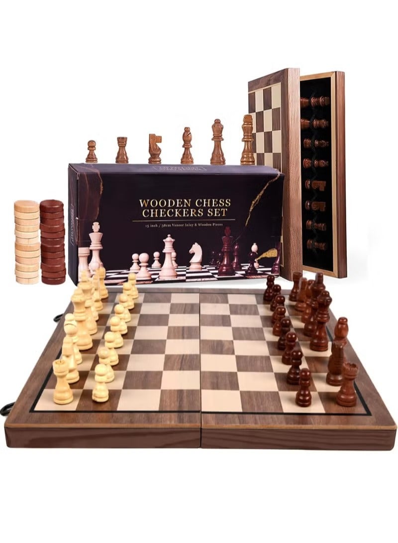 Y&D Chess Sets,15 Inch Magnetic Wooden Chess Set, Board Game for Adults and Kids, with 24 Checkers Pieces Extra & 2 Extra Queens,Portable Travel Chess Board Game Sets - Image 1