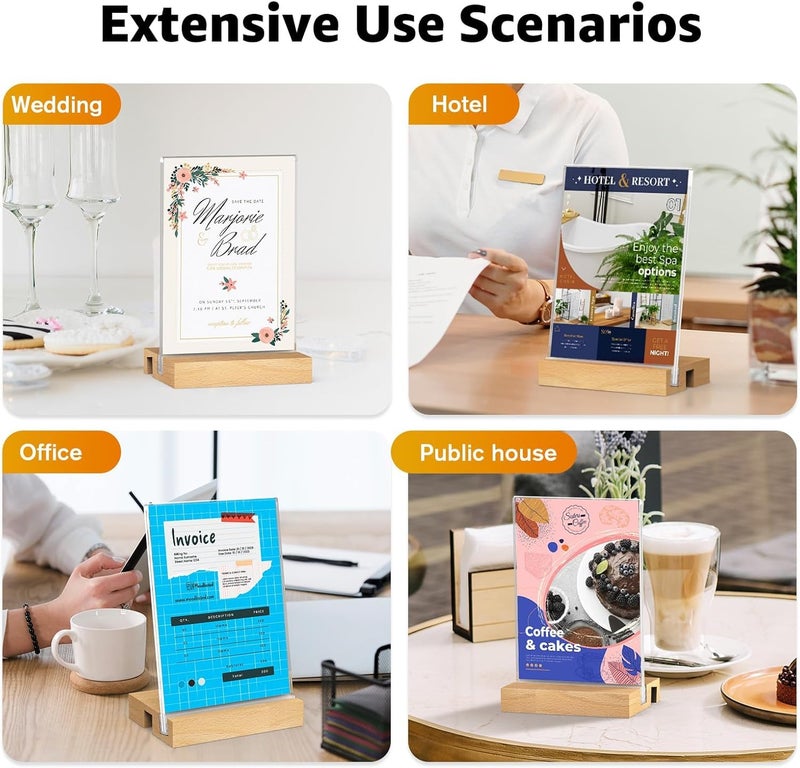 Desi Rang Acrylic Signage Holder With Wooden Base (4X6 In (A6), Straight/Slant Placing, 2 Side, Pack Of 3) Clear Display Table Sign Picture Frame Flyer Menu Stand Office Wedding Restaurant Hotel Home - Image 4