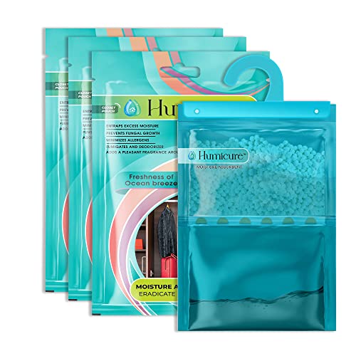 Humicure Moisture Absorber Dehumidifier Hanging Bags With 1 Litre Absorption Capacity For Wardrobe, Bathroom, Kitchen, Bedroom; Prevents Mould & Fungus (Pack of 3, 400gram each, Ocean Breeze), Blue - Image 1