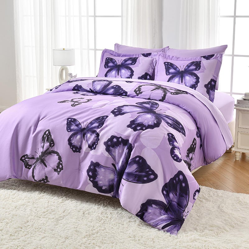ARTALL Bed in A Bag FullQueen Size 7 Pieces Purple Big Butterfly Bedding Comforter Set All Season Bed Set with Comforter Pillow Shams Flat Sheet Fitted Sheet Pillowcases