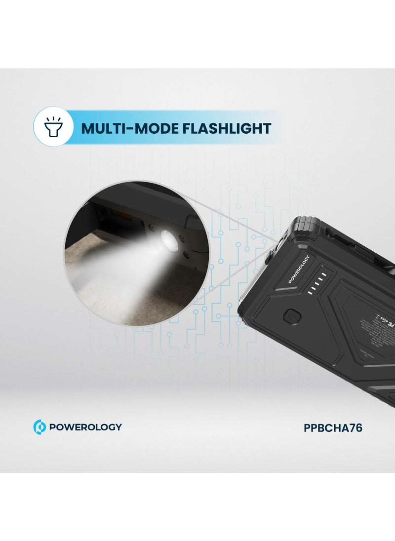 Powerology - Power Bank 20000mAh Solar Wireless Charging PD 20W with 70mm Retractable Type-C/ 4-Device Charging / IP54 Water Resistant / 22.5W USB-A Output / Li-Polymer Battery / 5H Full-Charge Time / Multi-Mode Flashlight - Black - Image 1