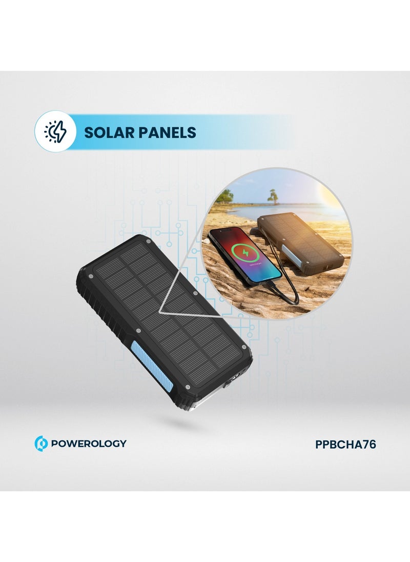 Powerology - Power Bank 20000mAh Solar Wireless Charging PD 20W with 70mm Retractable Type-C/ 4-Device Charging / IP54 Water Resistant / 22.5W USB-A Output / Li-Polymer Battery / 5H Full-Charge Time / Multi-Mode Flashlight - Black - Image 1
