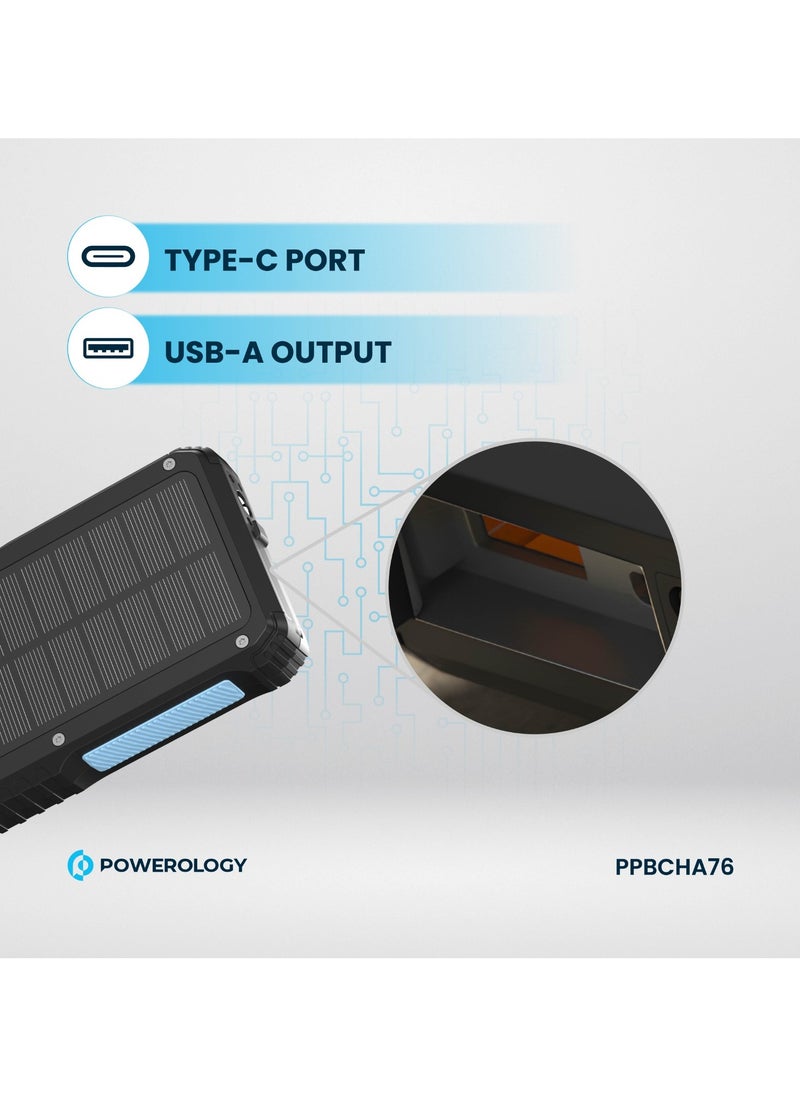 Powerology - Power Bank 20000mAh Solar Wireless Charging PD 20W with 70mm Retractable Type-C/ 4-Device Charging / IP54 Water Resistant / 22.5W USB-A Output / Li-Polymer Battery / 5H Full-Charge Time / Multi-Mode Flashlight - Black - Image 1
