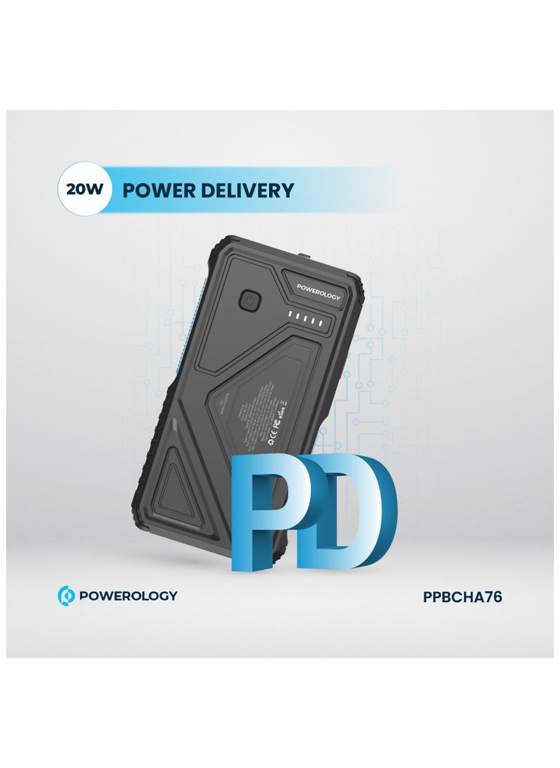 Powerology - Power Bank 20000mAh Solar Wireless Charging PD 20W with 70mm Retractable Type-C/ 4-Device Charging / IP54 Water Resistant / 22.5W USB-A Output / Li-Polymer Battery / 5H Full-Charge Time / Multi-Mode Flashlight - Black - Image 1