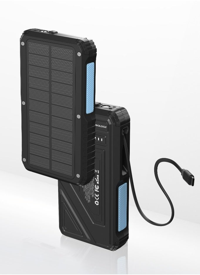 Powerology - Power Bank 20000mAh Solar Wireless Charging PD 20W with 70mm Retractable Type-C/ 4-Device Charging / IP54 Water Resistant / 22.5W USB-A Output / Li-Polymer Battery / 5H Full-Charge Time / Multi-Mode Flashlight - Black - Image 1