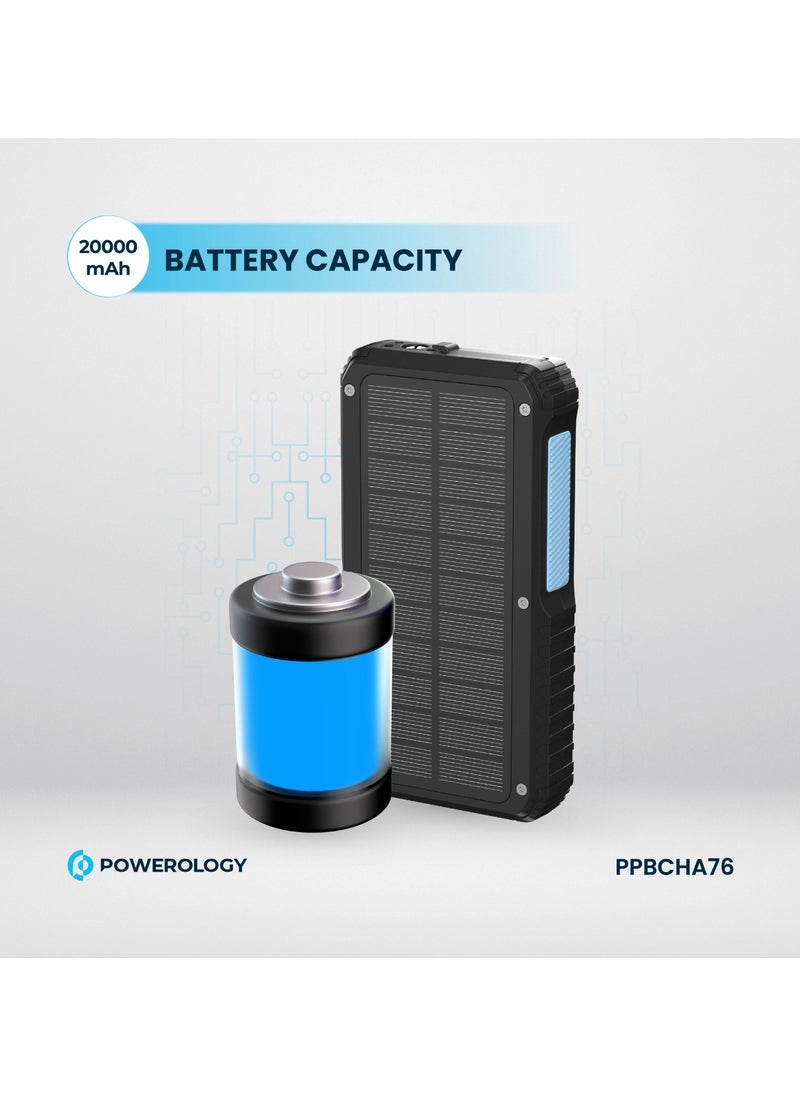 Powerology - Power Bank 20000mAh Solar Wireless Charging PD 20W with 70mm Retractable Type-C/ 4-Device Charging / IP54 Water Resistant / 22.5W USB-A Output / Li-Polymer Battery / 5H Full-Charge Time / Multi-Mode Flashlight - Black - Image 1