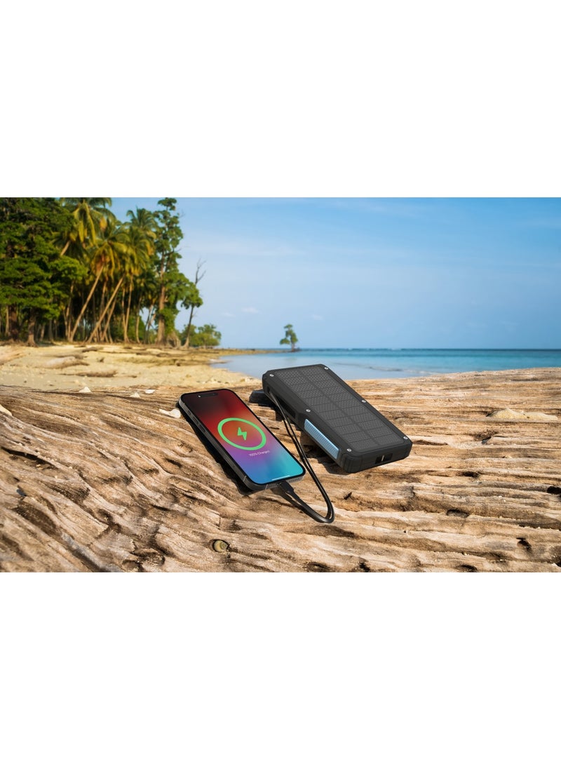Powerology - Power Bank 20000mAh Solar Wireless Charging PD 20W with 70mm Retractable Type-C/ 4-Device Charging / IP54 Water Resistant / 22.5W USB-A Output / Li-Polymer Battery / 5H Full-Charge Time / Multi-Mode Flashlight - Black - Image 1