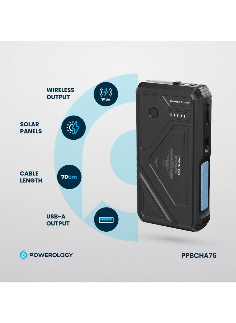 Powerology - Power Bank 20000mAh Solar Wireless Charging PD 20W with 70mm Retractable Type-C/ 4-Device Charging / IP54 Water Resistant / 22.5W USB-A Output / Li-Polymer Battery / 5H Full-Charge Time / Multi-Mode Flashlight - Black - Image 1