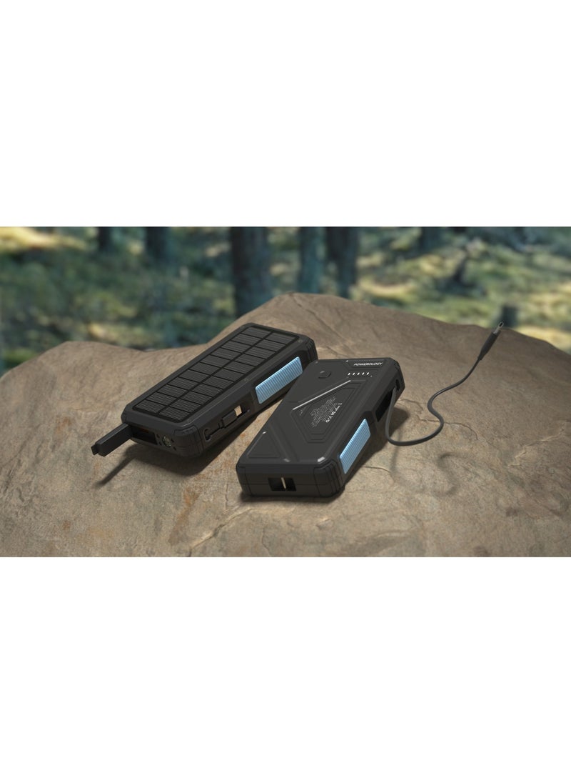 Powerology - Power Bank 20000mAh Solar Wireless Charging PD 20W with 70mm Retractable Type-C/ 4-Device Charging / IP54 Water Resistant / 22.5W USB-A Output / Li-Polymer Battery / 5H Full-Charge Time / Multi-Mode Flashlight - Black - Image 1