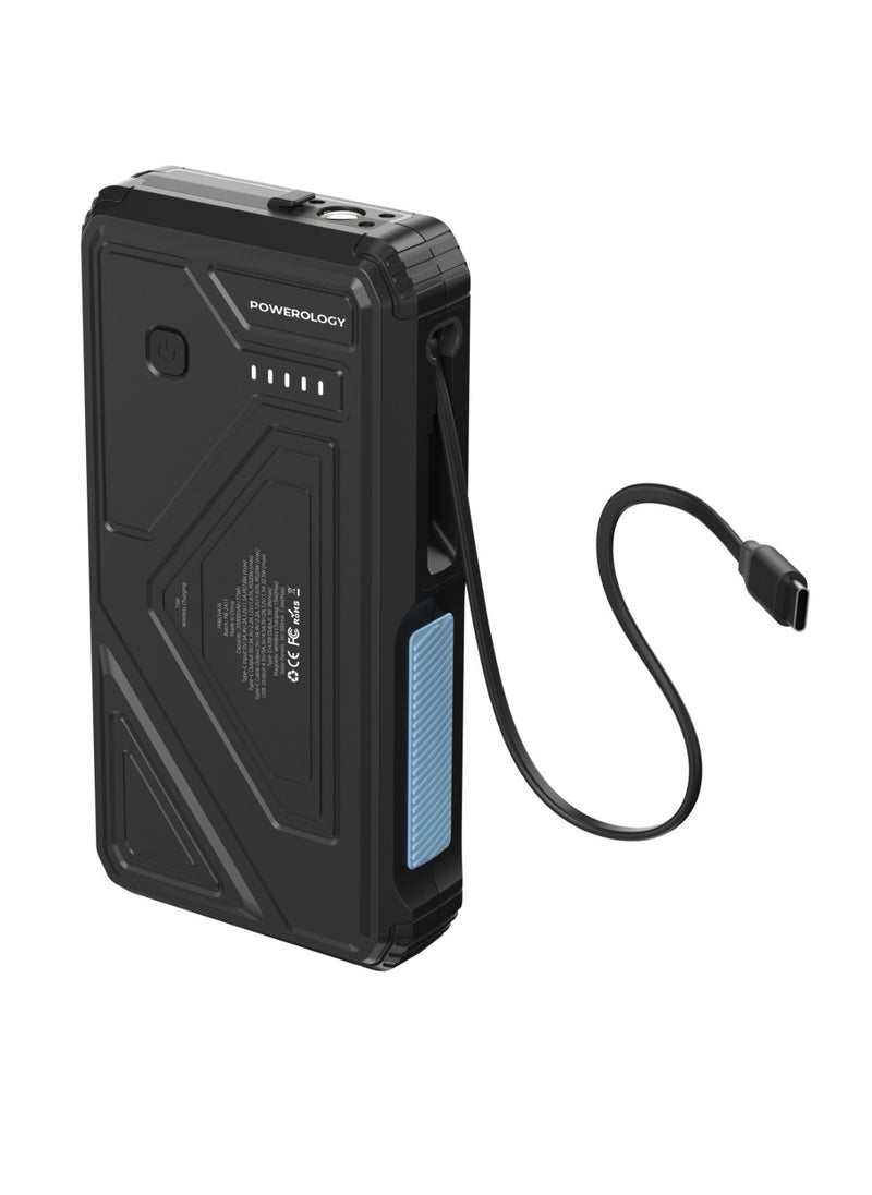 Powerology - Power Bank 20000mAh Solar Wireless Charging PD 20W with 70mm Retractable Type-C/ 4-Device Charging / IP54 Water Resistant / 22.5W USB-A Output / Li-Polymer Battery / 5H Full-Charge Time / Multi-Mode Flashlight - Black - Image 1