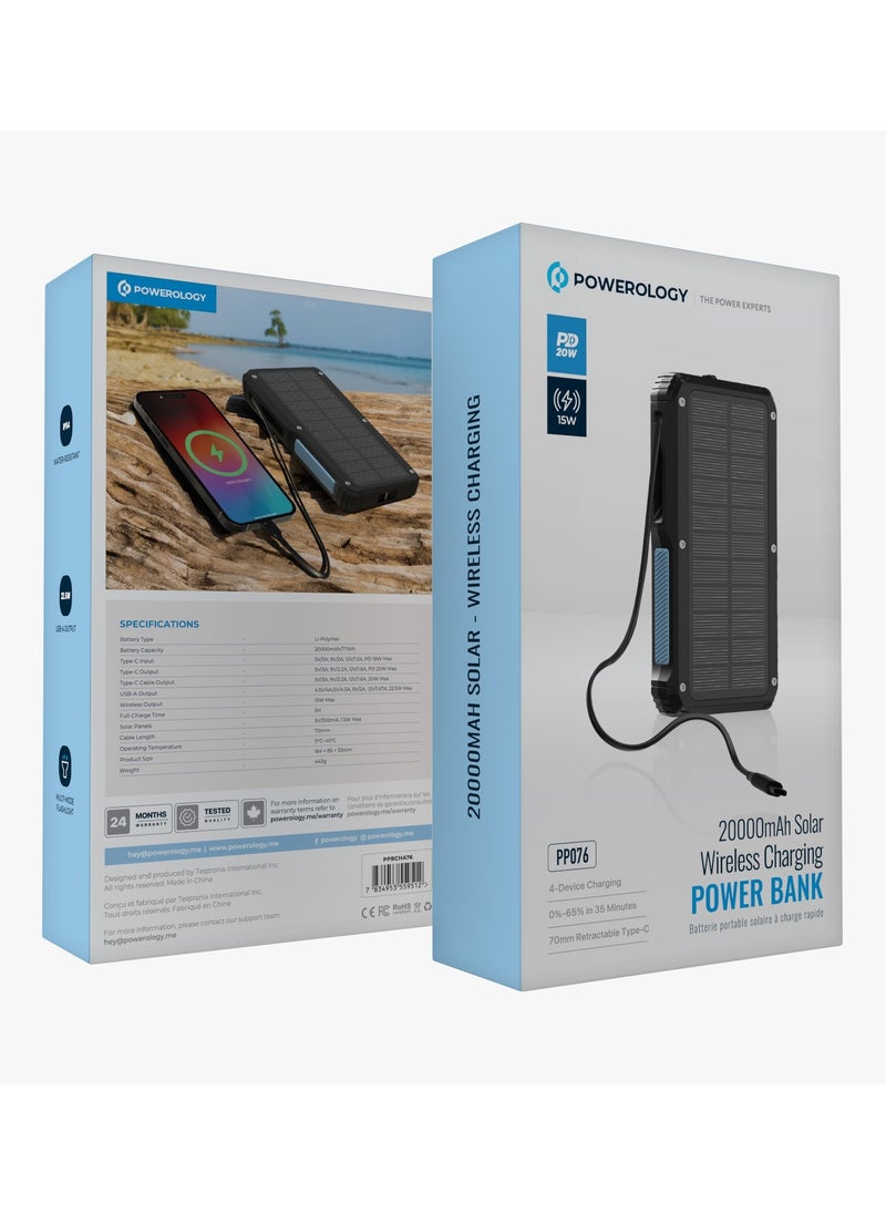 Powerology - Power Bank 20000mAh Solar Wireless Charging PD 20W with 70mm Retractable Type-C/ 4-Device Charging / IP54 Water Resistant / 22.5W USB-A Output / Li-Polymer Battery / 5H Full-Charge Time / Multi-Mode Flashlight - Black - Image 1