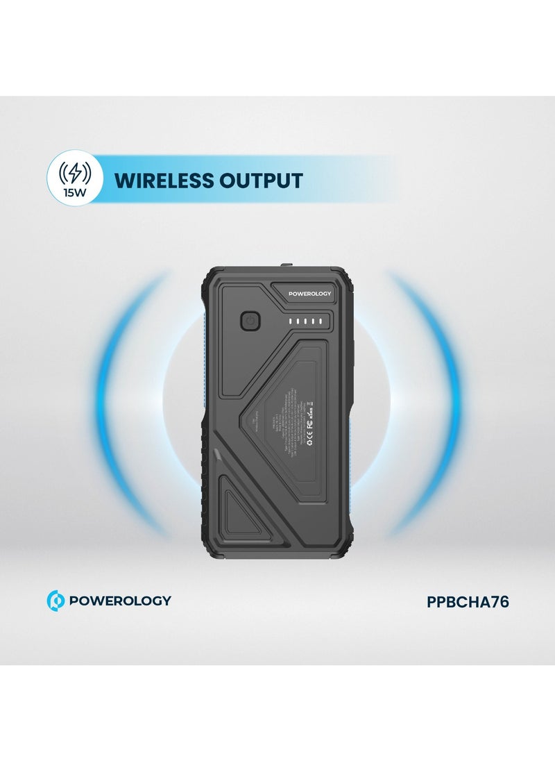 Powerology - Power Bank 20000mAh Solar Wireless Charging PD 20W with 70mm Retractable Type-C/ 4-Device Charging / IP54 Water Resistant / 22.5W USB-A Output / Li-Polymer Battery / 5H Full-Charge Time / Multi-Mode Flashlight - Black - Image 1