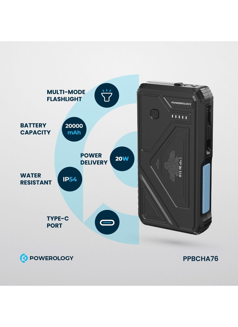 Powerology - Power Bank 20000mAh Solar Wireless Charging PD 20W with 70mm Retractable Type-C/ 4-Device Charging / IP54 Water Resistant / 22.5W USB-A Output / Li-Polymer Battery / 5H Full-Charge Time / Multi-Mode Flashlight - Black - Image 1