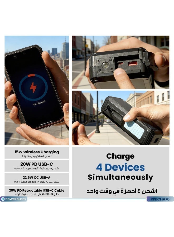 Powerology Power Bank 20000mAh Solar Wireless Charging PD 20W with 70mm Retractable Type-C/ 4-Device Charging / 22.5W USB-A Output / Li-Polymer Battery / 5H Full-Charge Time / Multi-Mode Flashlight - Black - Image 4