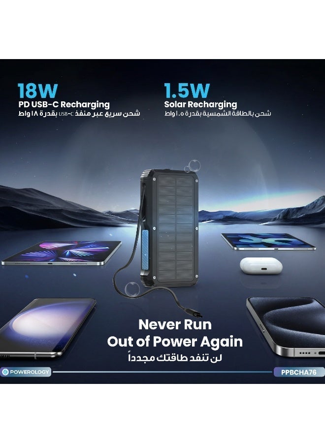 Powerology Power Bank 20000mAh Solar Wireless Charging PD 20W with 70mm Retractable Type-C/ 4-Device Charging / 22.5W USB-A Output / Li-Polymer Battery / 5H Full-Charge Time / Multi-Mode Flashlight - Black - Image 3
