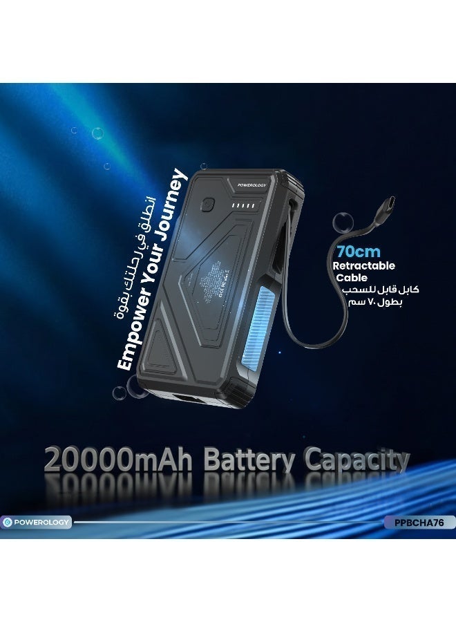 Powerology Power Bank 20000mAh Solar Wireless Charging PD 20W with 70mm Retractable Type-C/ 4-Device Charging / 22.5W USB-A Output / Li-Polymer Battery / 5H Full-Charge Time / Multi-Mode Flashlight - Black - Image 2
