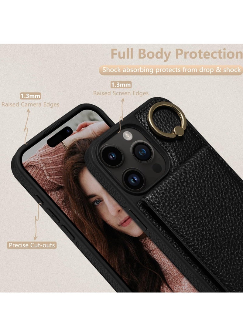 Crossbody Case for iPhone 15 Pro Max with RFID Blocking Card Slots, Detachable Lanyard Strap, 360°Ring Stand, Lychee Print iPhone 15 Pro Max Case (Black, 6.7'')  - Image 4