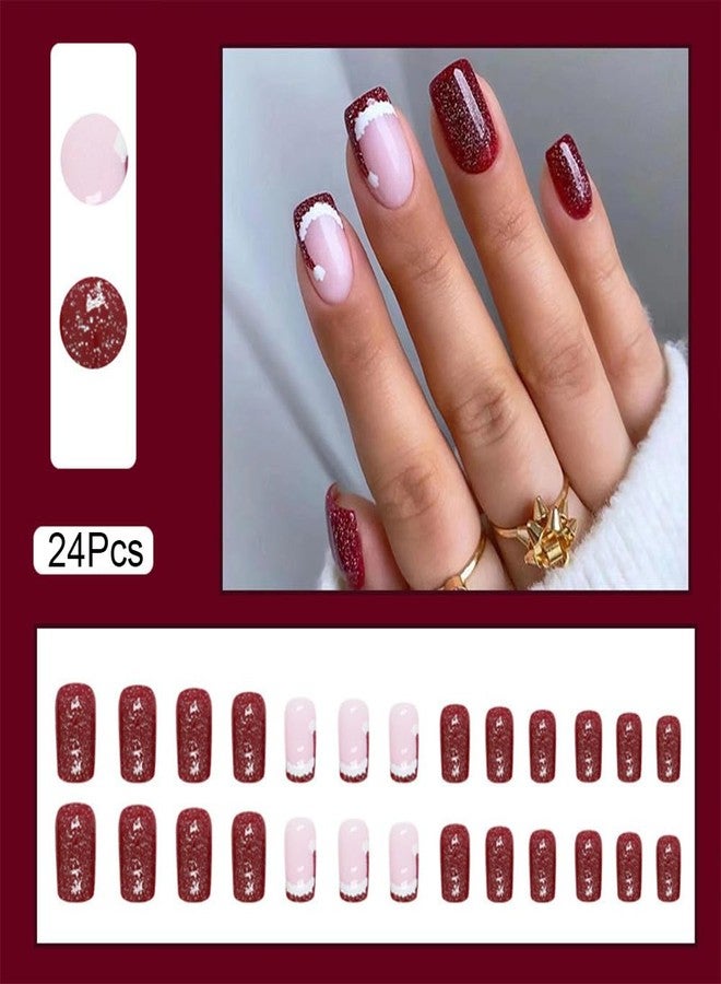 TOGZOM أظافر صناعية قصيرة مربعة الشكل بتصميم قبعة سانتا، أظافر فرنسية حمراء لامعة، أظافر صناعية شتوية لعيد الميلاد، أظافر أكريليك تغطي كامل، أظافر لاصقة للنساء والفتيات، 24 قطعة - Image 2