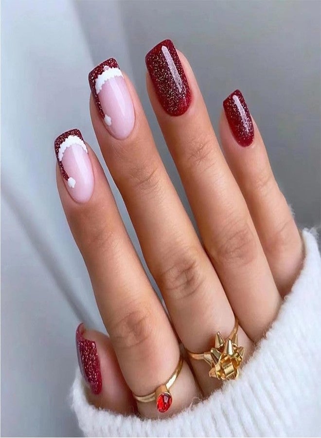 TOGZOM أظافر صناعية قصيرة مربعة الشكل بتصميم قبعة سانتا، أظافر فرنسية حمراء لامعة، أظافر صناعية شتوية لعيد الميلاد، أظافر أكريليك تغطي كامل، أظافر لاصقة للنساء والفتيات، 24 قطعة - Image 1