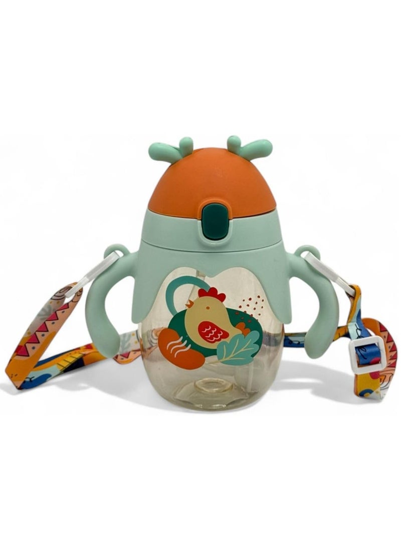 QSHOP - Premium Quality Kids Water Bottle with Straw 350ml Reusable Plastic Cartoon Water Bottle with Shoulder Strap and Silicone Cup Holder Suitable for Sports School Girls Boys - Image 1