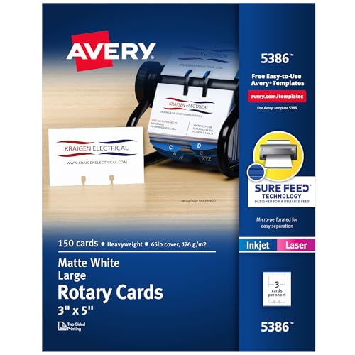 Avery Printable Rotary Cards Sure Feed Technology 3 x 5 Matte White Laser  Inkjet Compatible 150 Blank Cards Total Great for Product Branding Marketing and More 5386 - Image 1