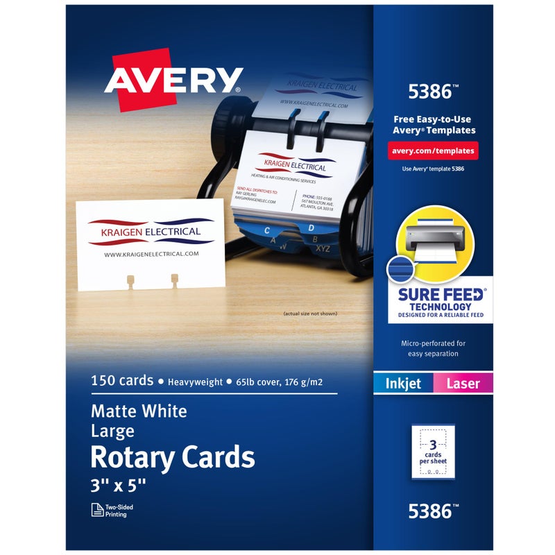 Avery Printable Rotary Cards Sure Feed Technology 3 x 5 Matte White Laser  Inkjet Compatible 150 Blank Cards Total Great for Product Branding Marketing and More 5386 - Image 3