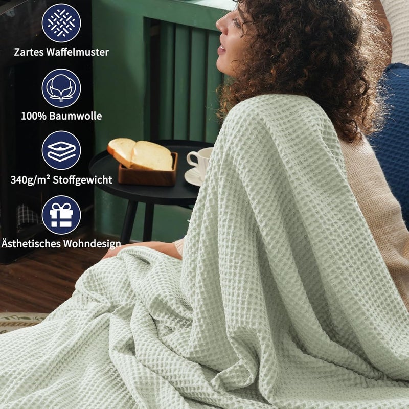 PHF 100% Cotton Waffle Weave Blanket Single Size 130 x 150cm, Pre-Washed Lightweight Breathable Throw Blanket for Summer, Oeko-TEX Certified for Bed Couch Sofa, Home Decor, Sage Green - Image 3