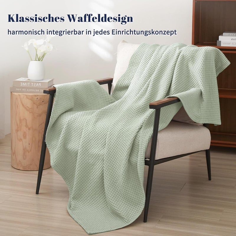 PHF 100% Cotton Waffle Weave Blanket Single Size 130 x 150cm, Pre-Washed Lightweight Breathable Throw Blanket for Summer, Oeko-TEX Certified for Bed Couch Sofa, Home Decor, Sage Green - Image 2