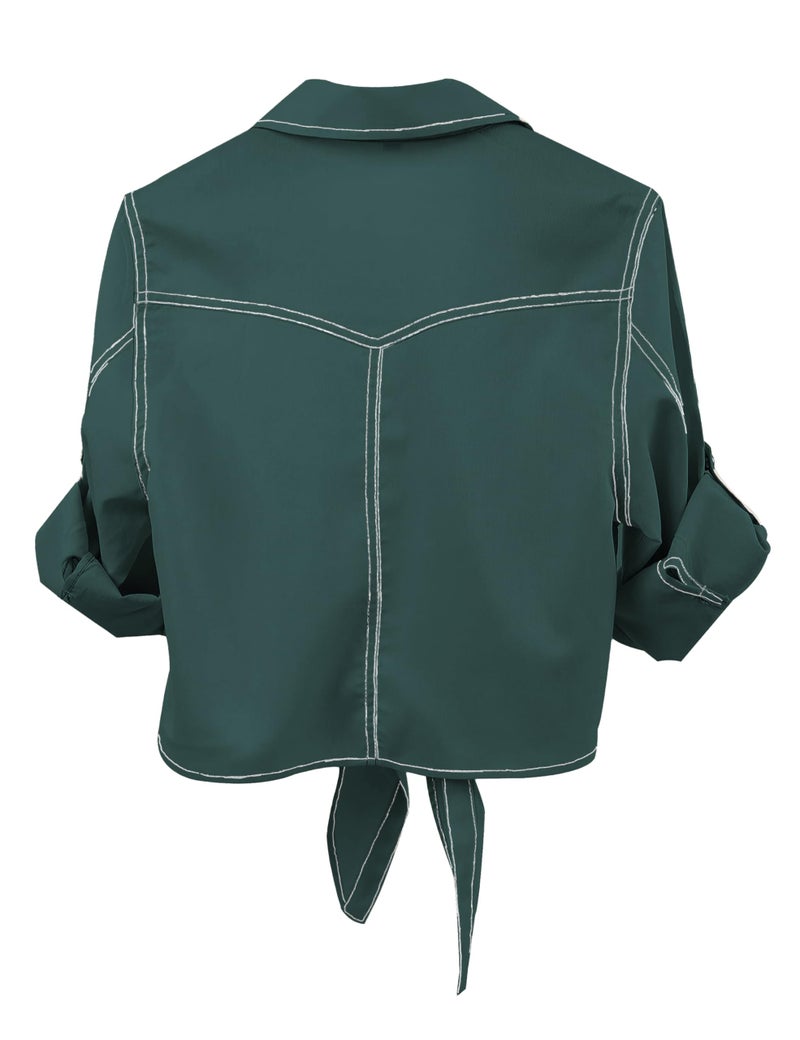 Omoone Women's 3/4 Sleeve Modern Denim Crop Top Tie Knot Shirt Cardigan(DarkGreen-L) - Image 2