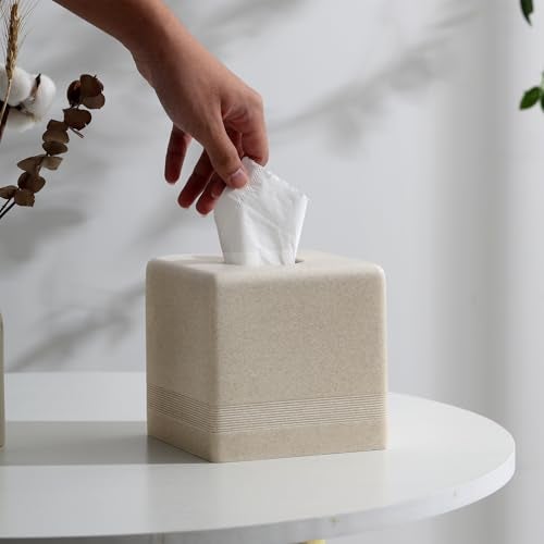 Haocoott Tissue Box Cover Square, Resin Facial Tissue Holder Covers Cube Toilet Paper Holder Case Dispenser Home Decorative for Bathroom Kitchen Bedroom Living Room Office (Beige) - Image 2