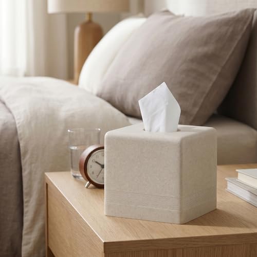 Haocoott Tissue Box Cover Square, Resin Facial Tissue Holder Covers Cube Toilet Paper Holder Case Dispenser Home Decorative for Bathroom Kitchen Bedroom Living Room Office (Beige) - Image 5