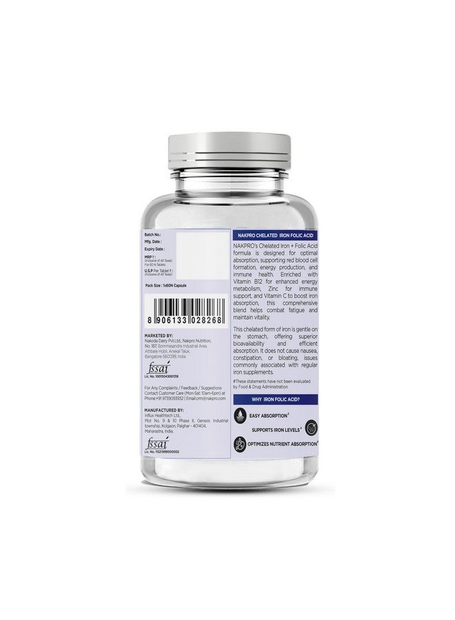 NAKPRO Chelated Iron Folic Acid Supplement, 60 Veg Capsules | With Vitamin C, Zinc & Vitamin B12 | Hemoglobin Booster, Supports Immunity & Energy - Image 3