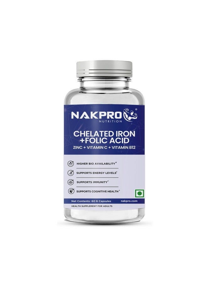NAKPRO Chelated Iron Folic Acid Supplement, 60 Veg Capsules | With Vitamin C, Zinc & Vitamin B12 | Hemoglobin Booster, Supports Immunity & Energy - Image 1