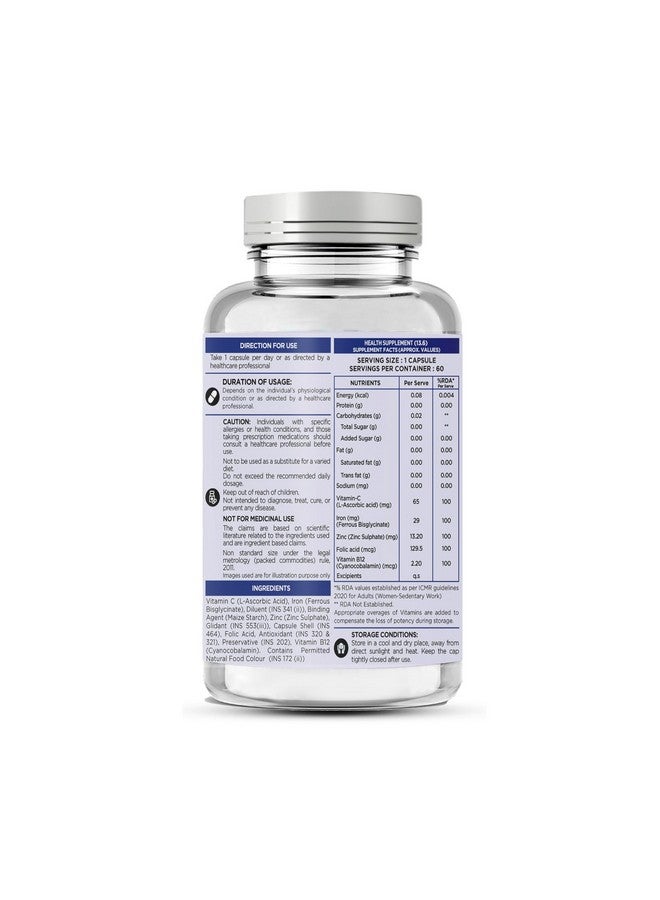 NAKPRO Chelated Iron Folic Acid Supplement, 60 Veg Capsules | With Vitamin C, Zinc & Vitamin B12 | Hemoglobin Booster, Supports Immunity & Energy - Image 2