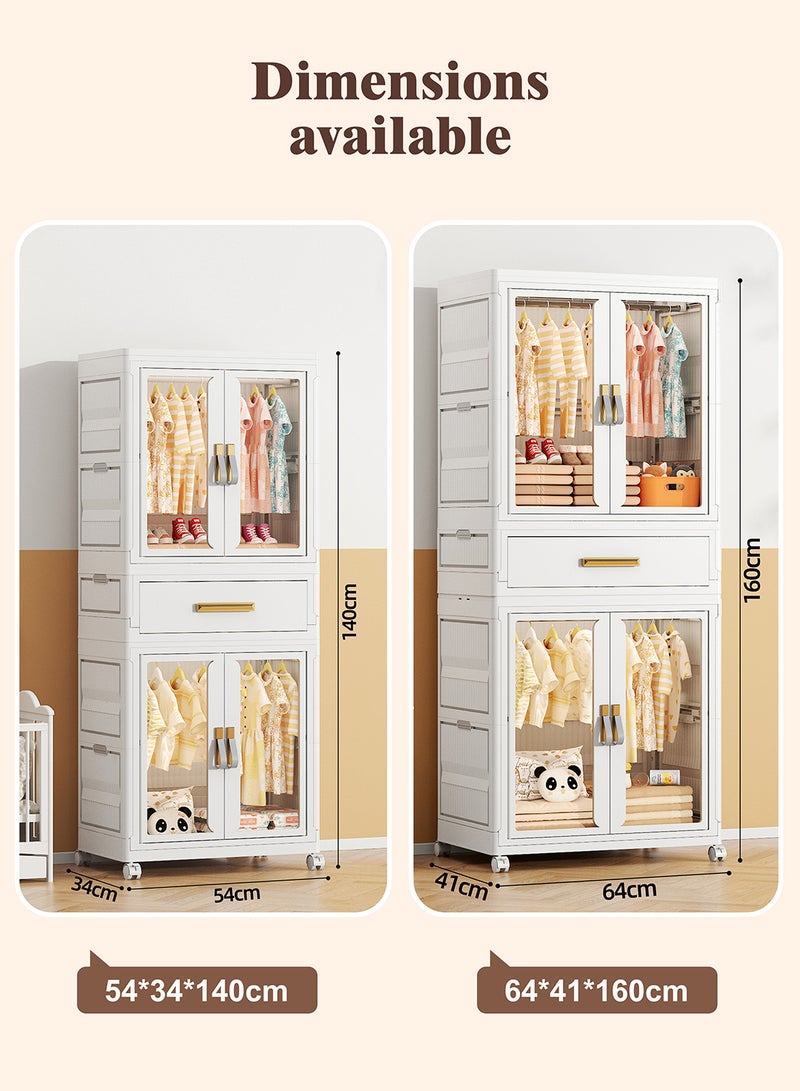 Ollieroo خزانة تخزين بلاستيكية modular – PP/PET/ABS 2-خزانة و 1-درج مع قضيب تعليق و 6 شماعات (ألوان عشوائية)، عجلات دوارة قابلة للقفل، مقابض مثبتة مسبقًا، وأبواب مغناطيسية لغرفة النوم، أو الخزانة، أو غرفة المعيشة، 64 × 41 × 160 سم - Image 3