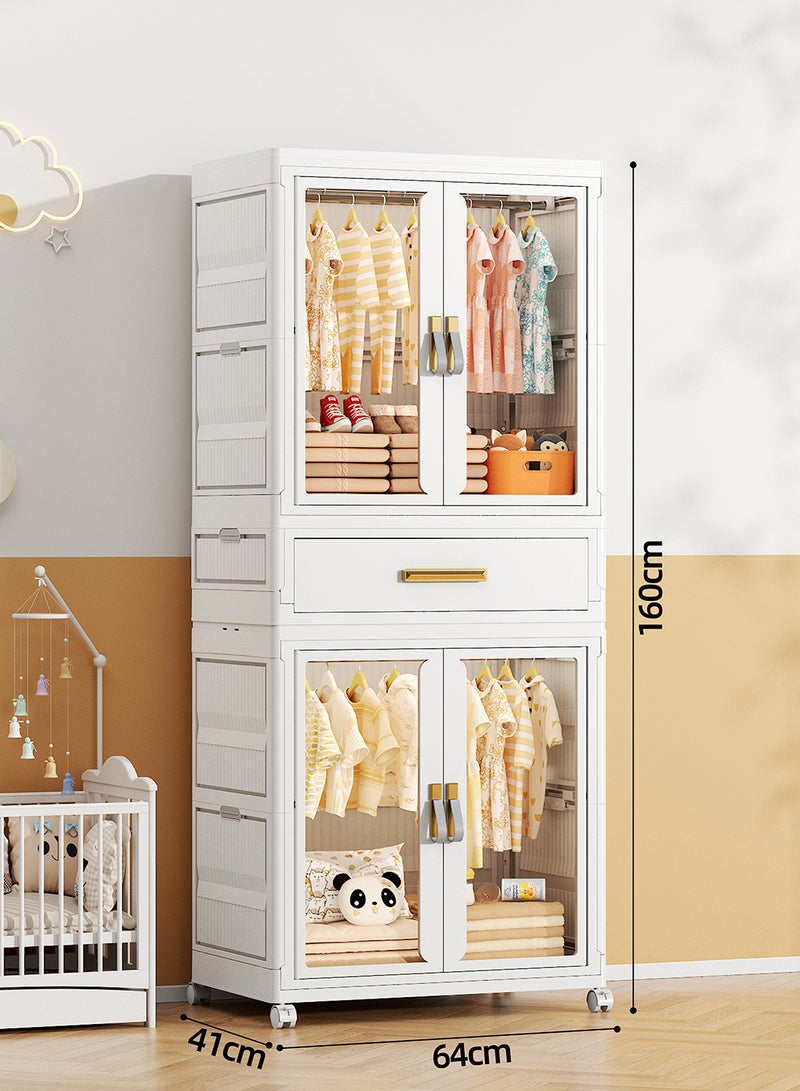 Ollieroo خزانة تخزين بلاستيكية modular – PP/PET/ABS 2-خزانة و 1-درج مع قضيب تعليق و 6 شماعات (ألوان عشوائية)، عجلات دوارة قابلة للقفل، مقابض مثبتة مسبقًا، وأبواب مغناطيسية لغرفة النوم، أو الخزانة، أو غرفة المعيشة، 64 × 41 × 160 سم - Image 2